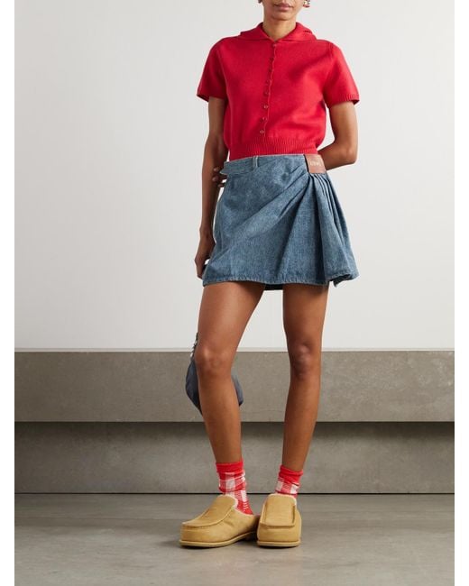 Mini-Jupe En Jean À Fronces Et À Finitions En Cuir Loewe en coloris Blue