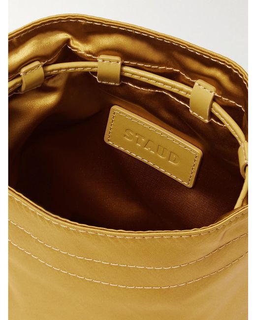 Staud Natural Lila Mini Leather-Trimmed Metallic Satin Bucket Bag