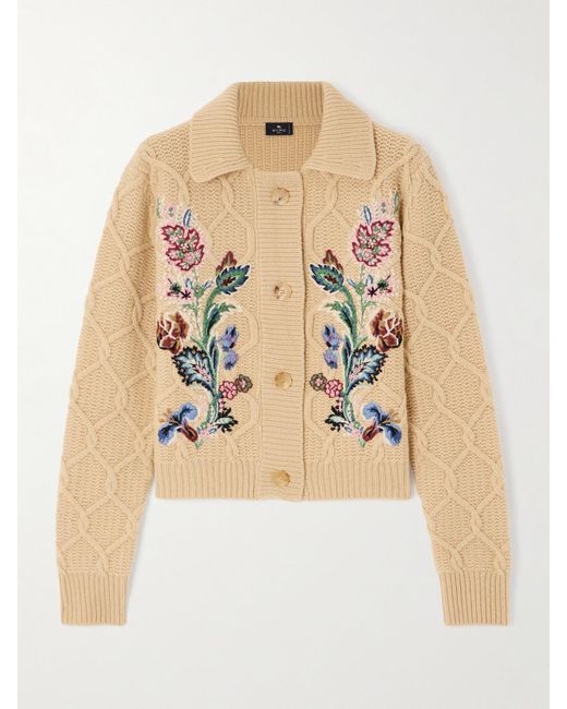 Etro Natural Embroidered Cable-Knit Wool And Cashmere-Blend Cardigan