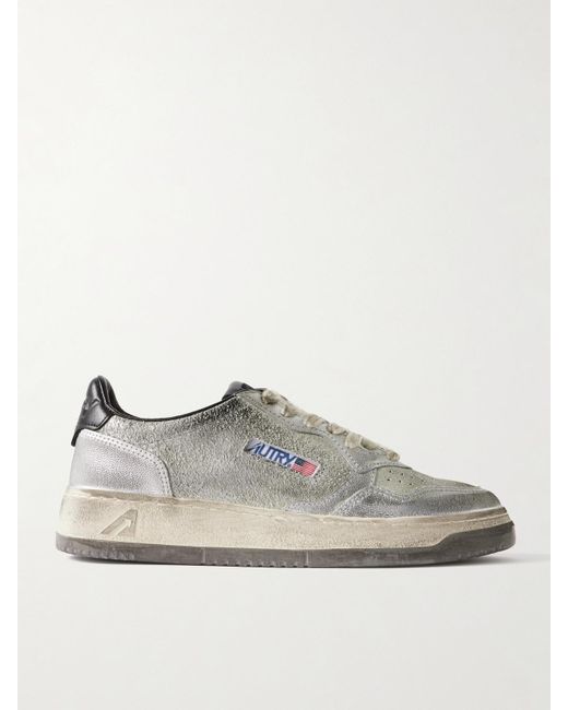 Autry Gray Super Vintage Distressed Leather And Suede Sneakers