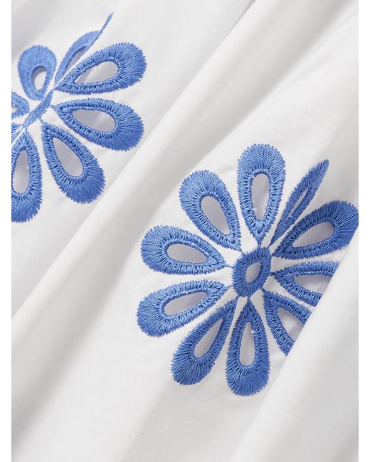 Loretta Caponi Blue Belted Scalloped Broderie Anglaise Cotton Midi Dress