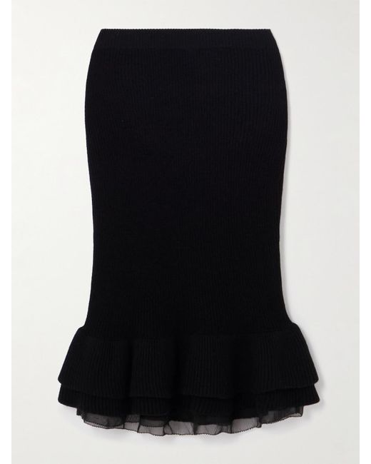 Nina Ricci Black Mehrlagiger Midirock Aus Einer Gerippten Wollmischung Mit Volants Und Tüllbesatz