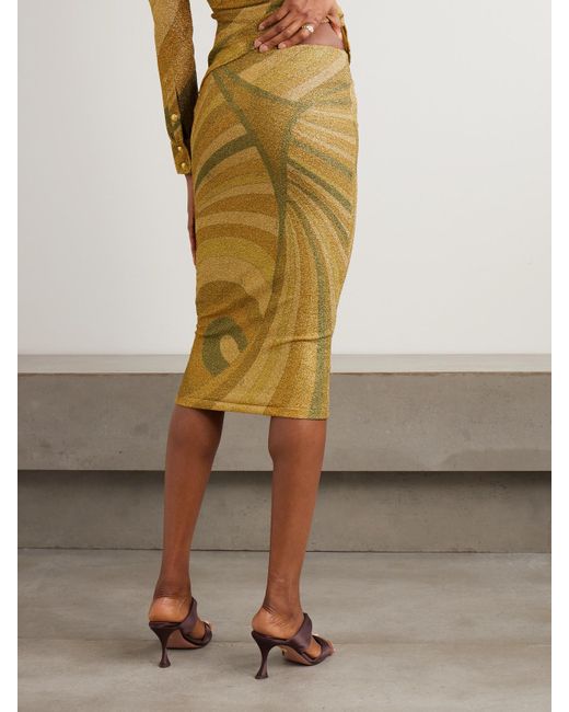 Emilio Pucci Yellow Printed Metallic Jersey Midi Skirt