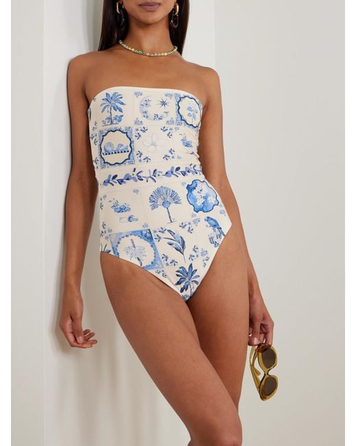 Agua Bendita Blue Ilusion Wild Strapless Embellished Printed Recycled Swimsuit