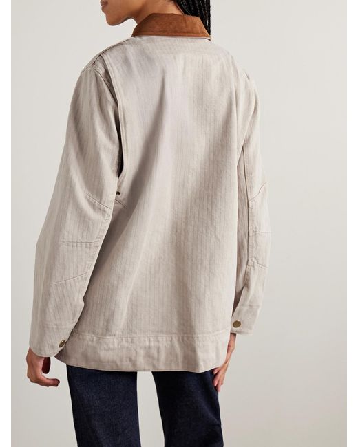 Veronica Beard Natural Abbas Suede-Trimmed Herringbone Cotton Jacket