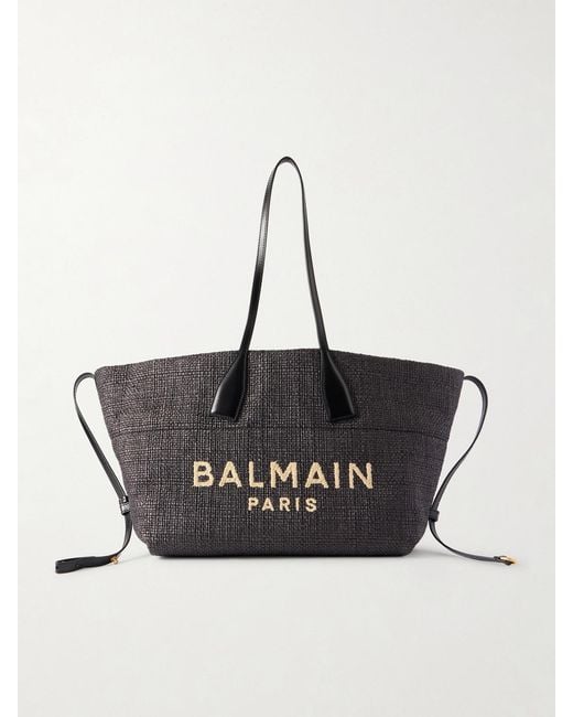 Balmain Black Track Leather-Trimmed Raffia Tote