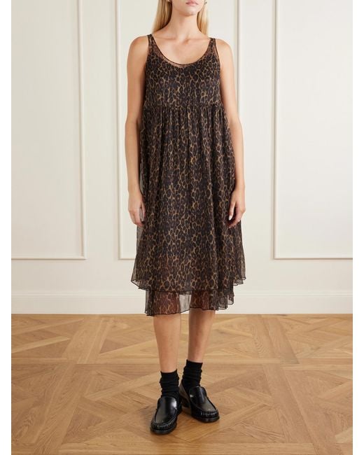 R13 Brown Gathered Tiered Animal-Print Silk-Chiffon Midi Dress