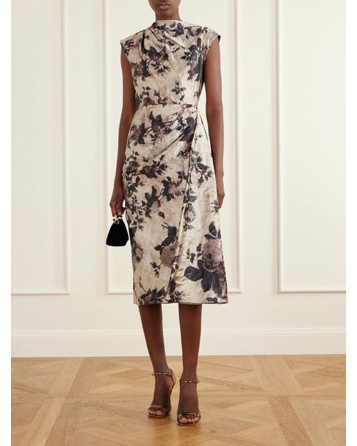Erdem Multicolor Floral-Print Gathered Crinkled-Satin Midi Dress