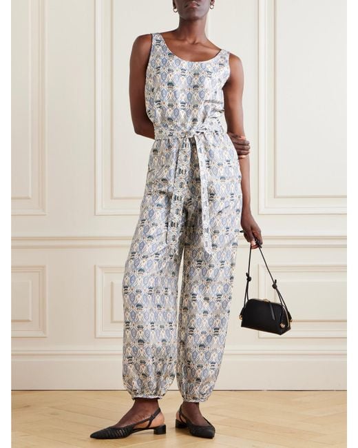 Loro Piana White Nadia Belted Printed Silk-Satin Jumpsuit