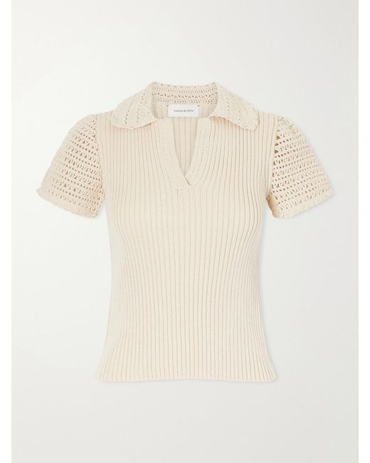 Magda Butrym Natural Crochet-Trimmed Ribbed Cotton Polo Shirt