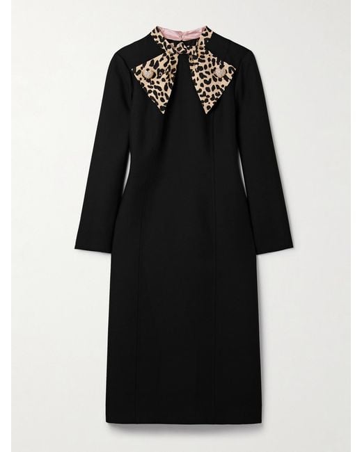 Valentino Garavani Black Embellished Leopard-Print Wool And Silk-Blend Midi Dress