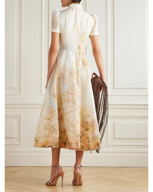 Zimmermann Natural Picnic Midikleid Aus Einer Leinen-Seidenmischung Mit Blumenprint Und Verzierungen