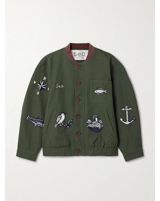 Sea Green Clyde Corduroy-Trimmed Embroidered Cotton Jacket