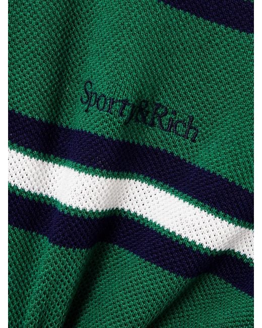 Sporty & Rich Green Striped Silk And Cotton-Piqué Polo Shirt