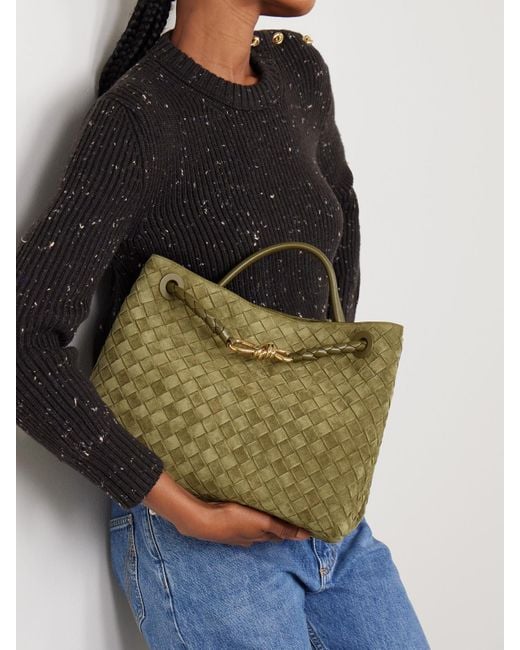 Bottega Veneta Green Andiamo Medium Leather-Trimmed Intrecciato Suede Tote