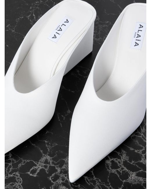 Alaïa White Satin Point-Toe Wedge Mules
