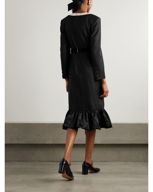 Valentino Garavani Black Belted Bow-Embellished Velvet And Ottoman-Trimmed Wool Midi Dress