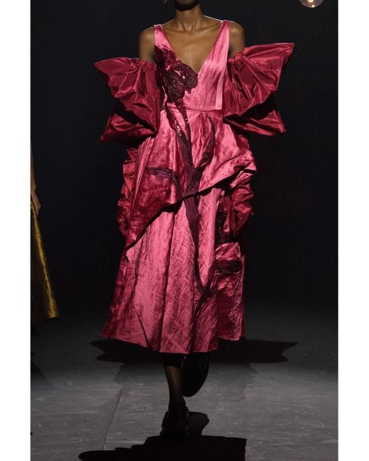 Erdem Appliquéd Ruffled Textured-Satin Midi Dress