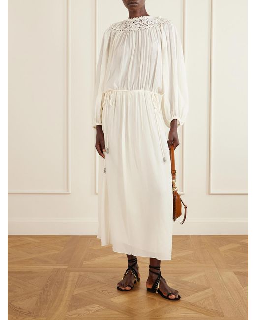 Isabel Marant White Nydia Lace-Trimmed Bead-Embellished Silk-Chiffon Midi Dress