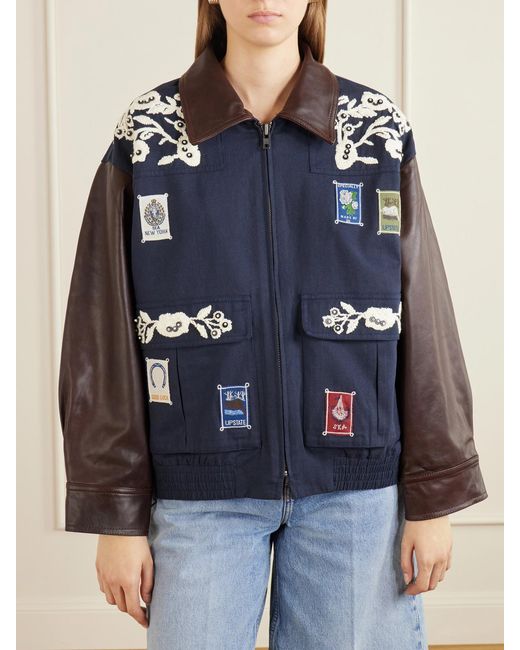 Sea Blue Georgie Embroidered Cotton-Canvas And Leather Jacket