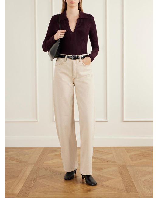 Joseph Purple Ribbed Wool-Blend Polo Sweater