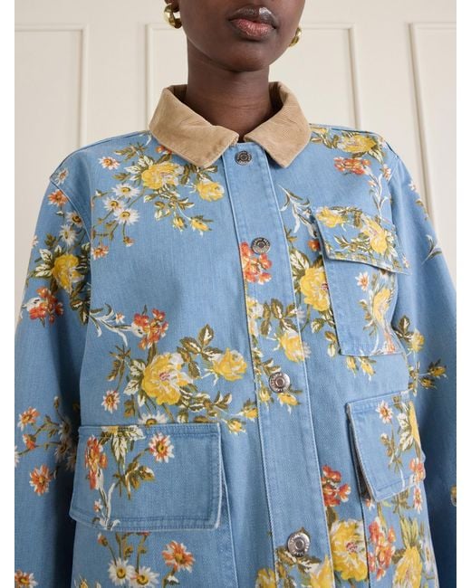 Veronica Beard Blue Leighton Corduroy-Trimmed Floral-Print Denim Jacket