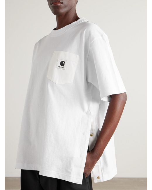 Sacai White Carhartt Wip Appliquéd Canvas-Trimmed Cotton-Jersey T-Shirt