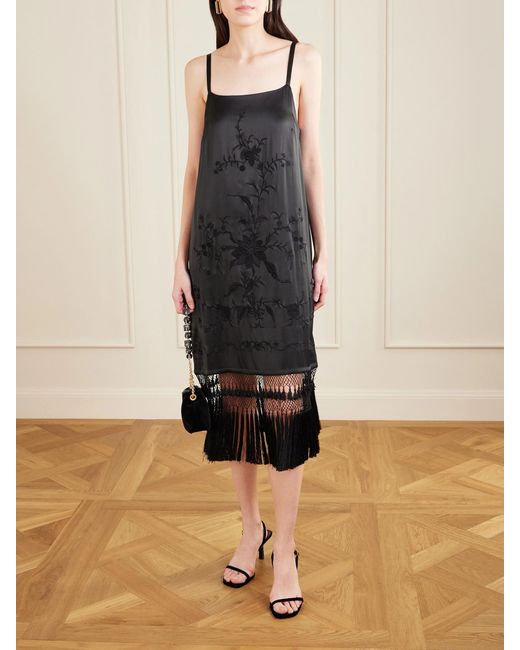 Bode Black Fringed Embroidered Silk-Satin Midi Dress