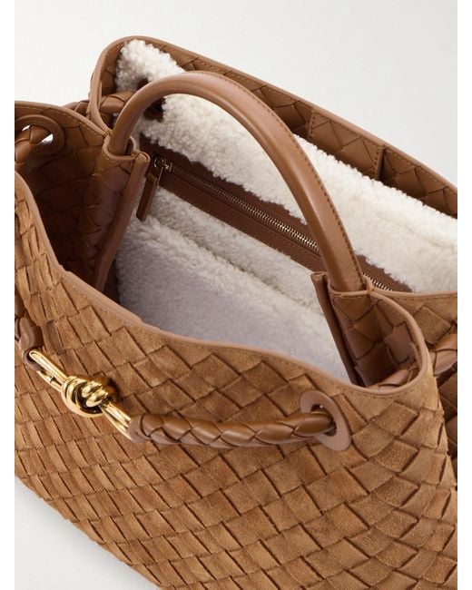 Bottega Veneta Brown Andiamo Medium Shearling-Lined Leather-Trimmed Intrecciato Suede Tote