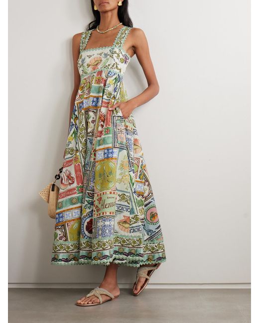 ALÉMAIS White Tommasina Ric Rac-Trimmed Printed Cotton-Poplin Maxi Dress