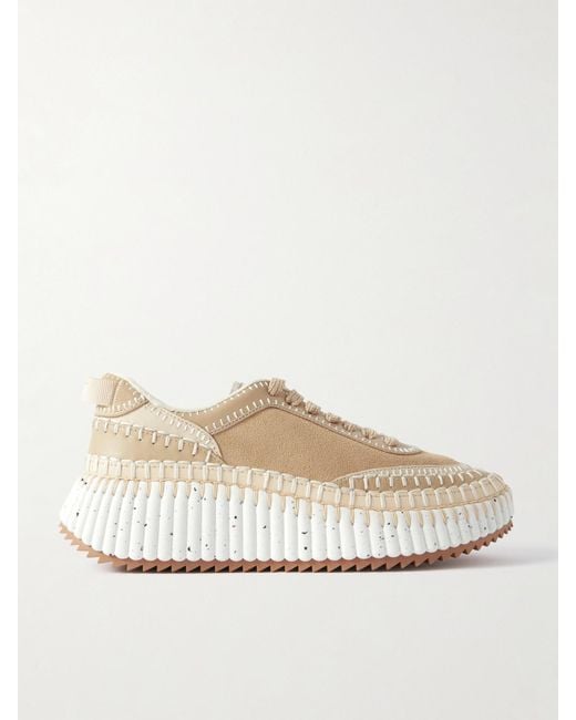 Chloé Natural Nama Embroidered Suede And Recycled-Mesh Sneakers