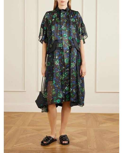 Sacai Green Floral-Print Satin Midi Dress