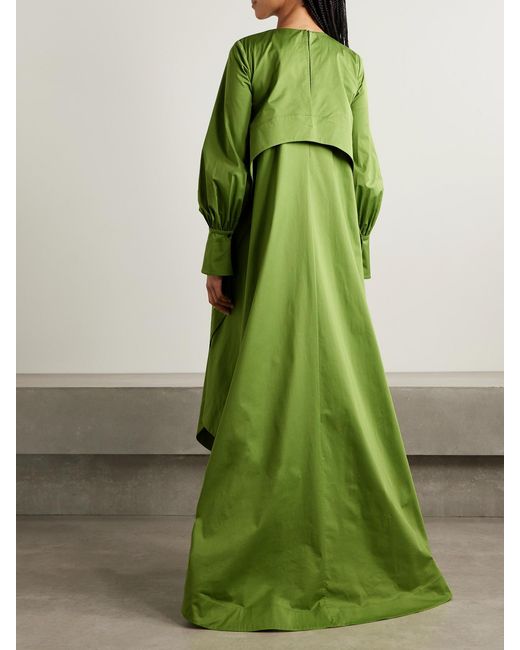 Oscar de la Renta Green Draped Embellished Cotton-Blend Taffeta Gown