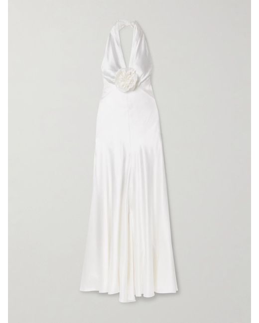 Rodarte White Embellished Silk-Charmeuse Halterneck Gown
