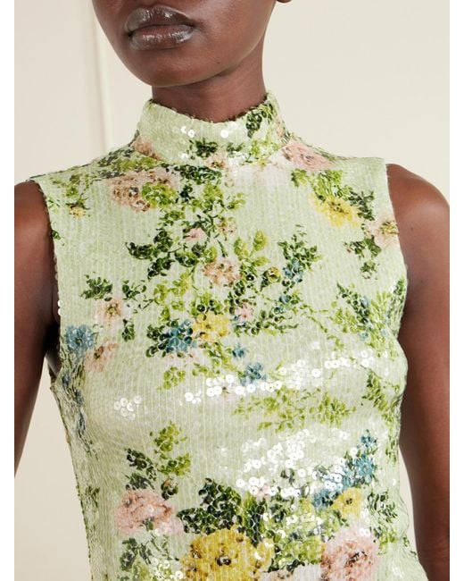 Brandon Maxwell Green Piper Sequined Floral-Print Mesh Turtleneck Top