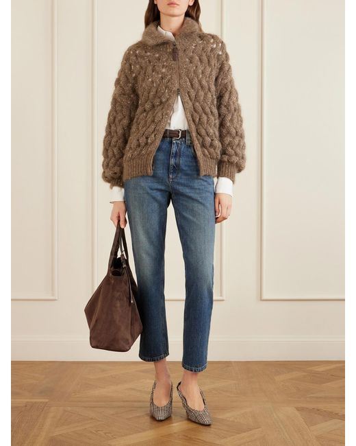 Brunello Cucinelli Blue Cropped Bead-Embellished Straight-Leg Jeans