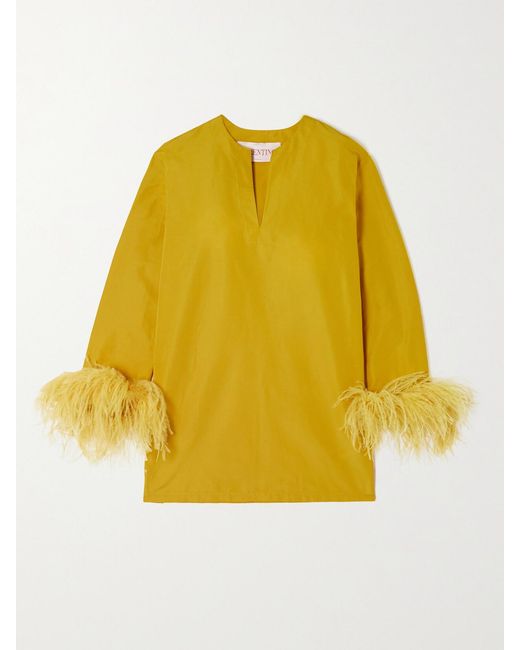 Valentino Garavani Yellow Feather-Trimmed Cotton-Blend Mini Dress