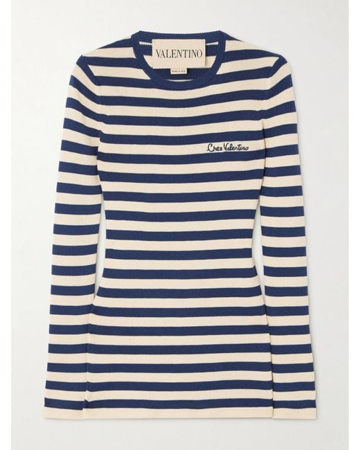 Valentino Garavani Blue Embroidered Striped Cotton Sweater