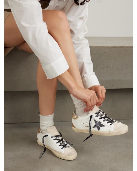 Golden Goose Deluxe Brand Natural Super-Star Distressed Suede-Trimmed Glittered Leather Sneakers