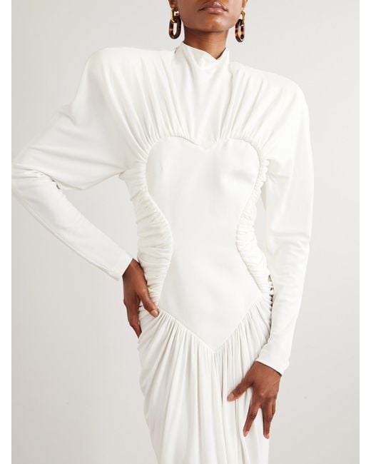 Stella McCartney White Mesh-Paneled Ruched Crepe Gown