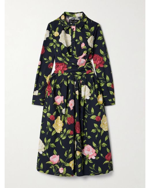 Oscar de la Renta White Wrap-Effect Floral-Print Cotton-Blend Poplin Midi Dress