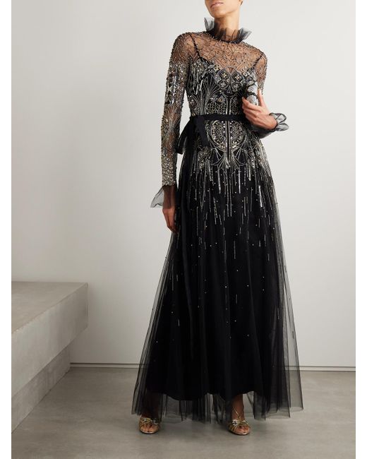 Zuhair Murad Black Belted Embellished Tulle Turtleneck Gown