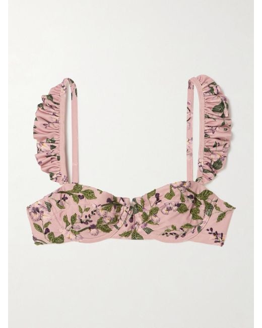 Agua Bendita Pink Kiwi Wisteria Ruffled Embroidered Floral-Print Underwired Recycled Bikini Top