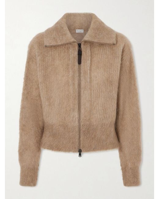 Brunello Cucinelli Natural Ribbed Brushed-Knit Zip-Up Cardigan