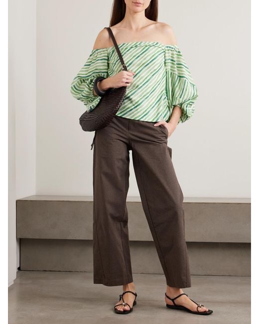 Rosie Assoulin Green Off-The-Shoulder Striped Tencel Lyocell And Linen-Blend Blouse