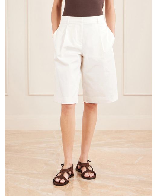 Matteau White Pleated Organic Cotton-Blend Twill Shorts