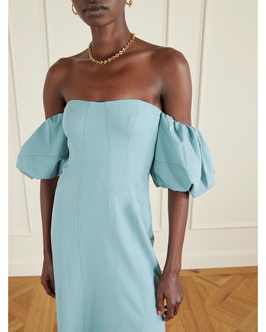 Ulla Johnson Blue Nina Off-The-Shoulder Paneled Twill Midi Dress