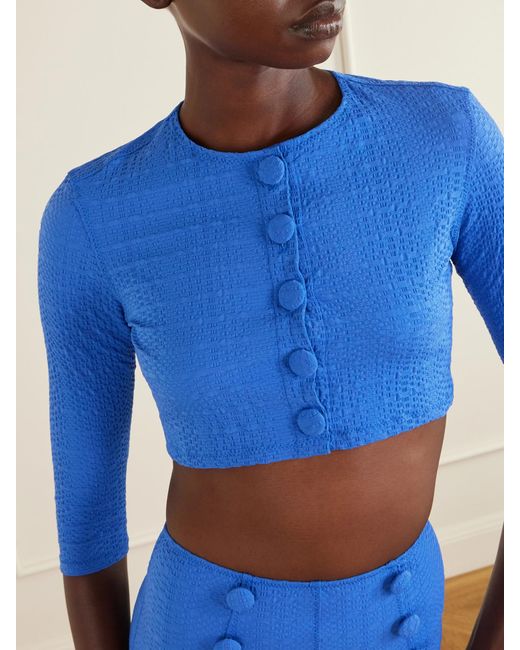 Lisa Marie Fernandez Blue Cropped Seersucker Cardigan