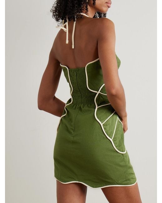 Farm Rio Green Appliquéd Linen-Blend Halterneck Mini Dress