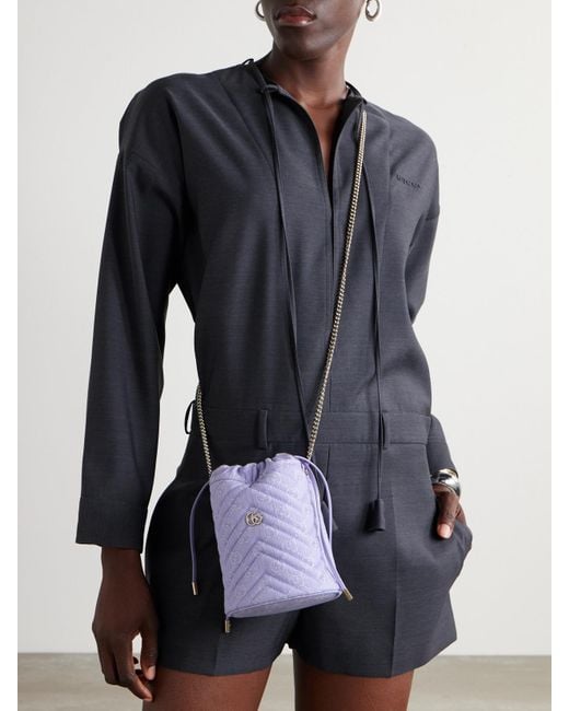 Gucci Purple Gg Marmont 2.0 Leather-Trimmed Jacquard-Denim Bucket Bag